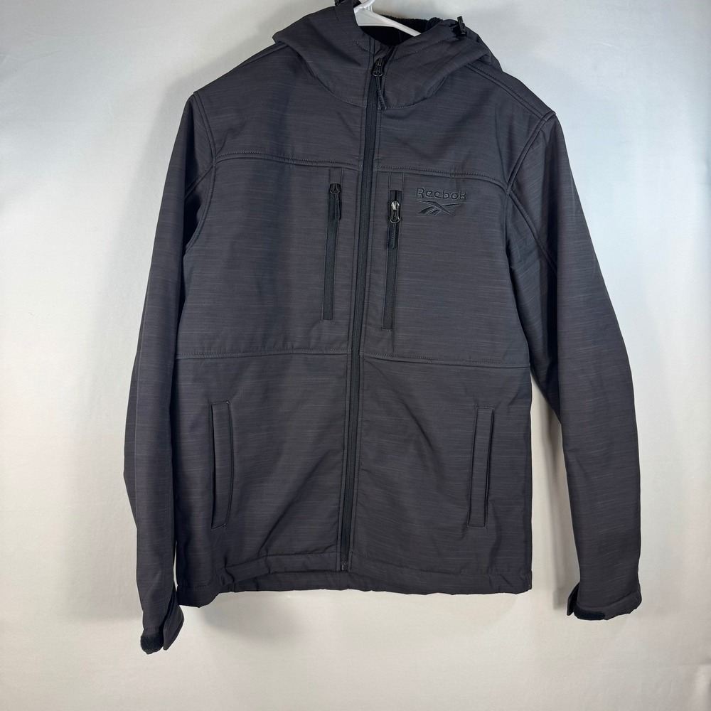 Reebok Mens Small Softshell Jacket Gray Hooded Fleece Lined Full Zip RN 127805